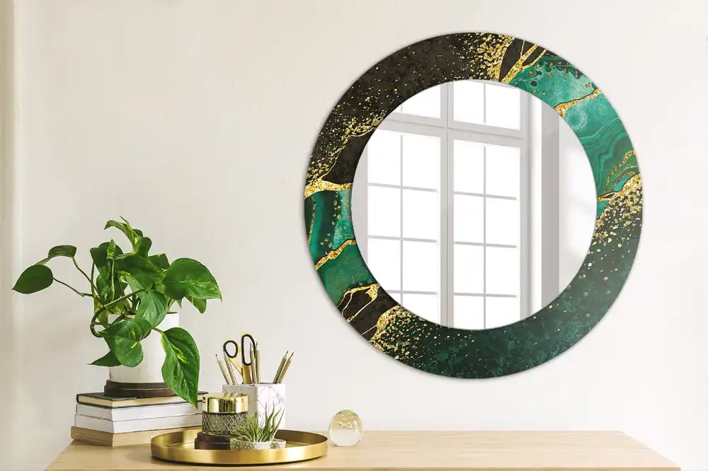 Round mirror frame with print Marble green