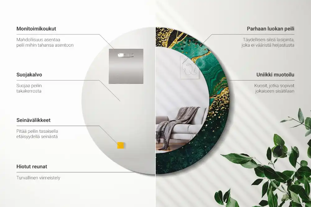 Round mirror frame with print Marble green