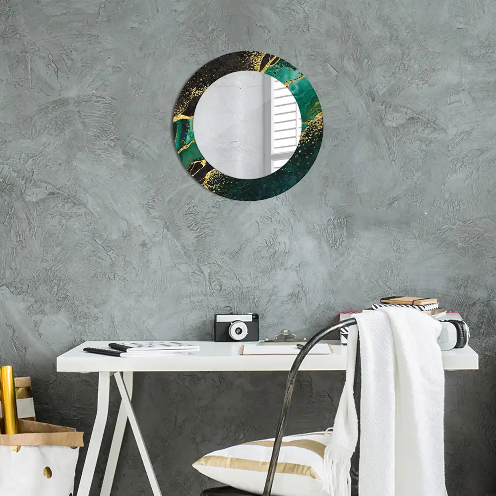 Round mirror frame with print Marble green