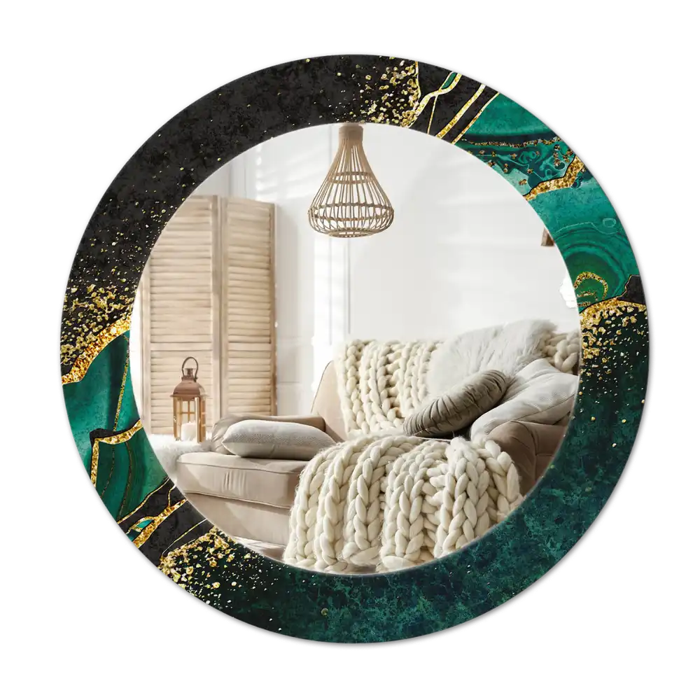 Round mirror frame with print Marble green