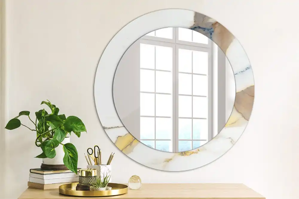 Round mirror frame with print White marble