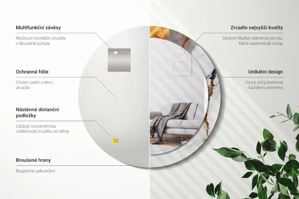 Round mirror frame with print White marble