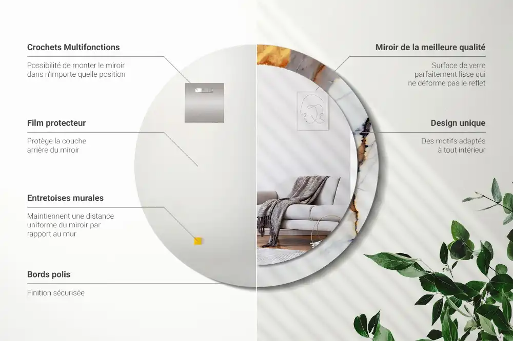 Round mirror frame with print White marble