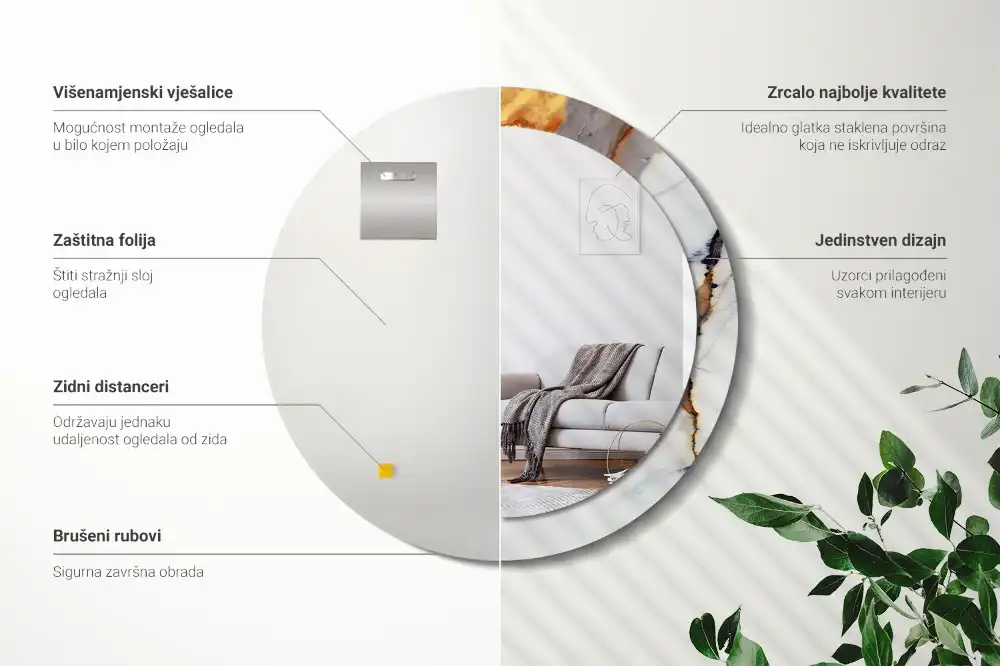 Round mirror frame with print White marble