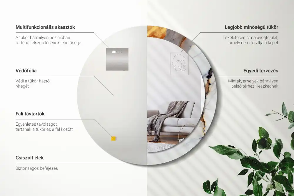 Round mirror frame with print White marble