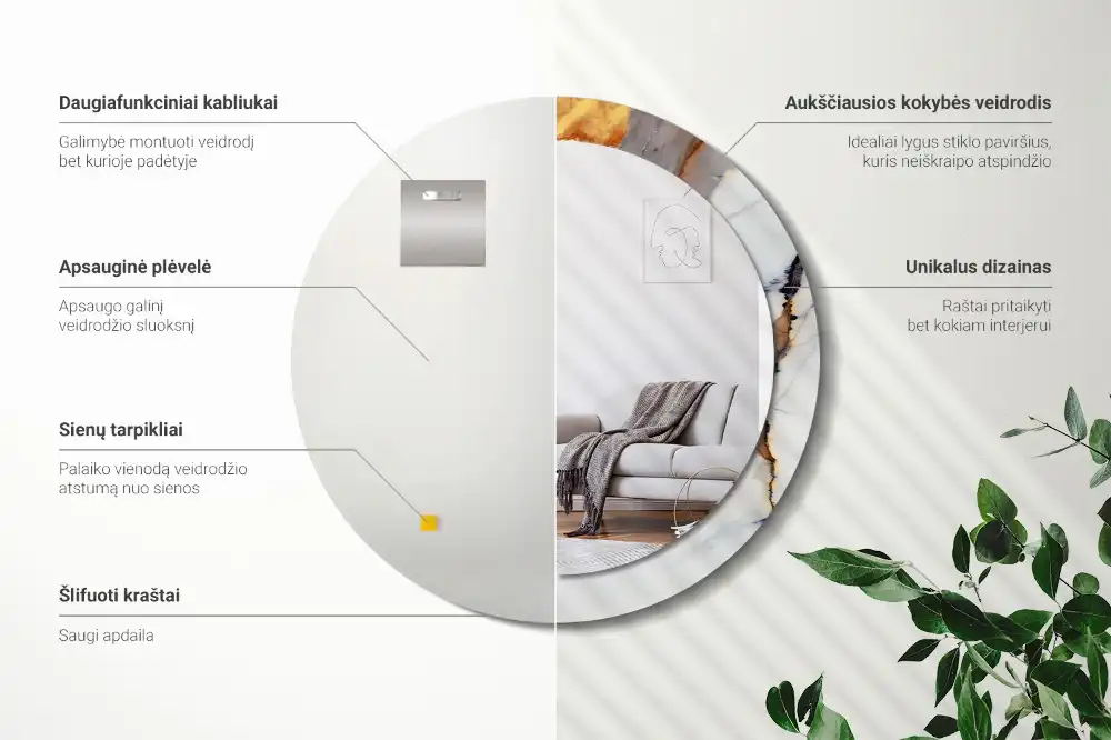 Round mirror frame with print White marble