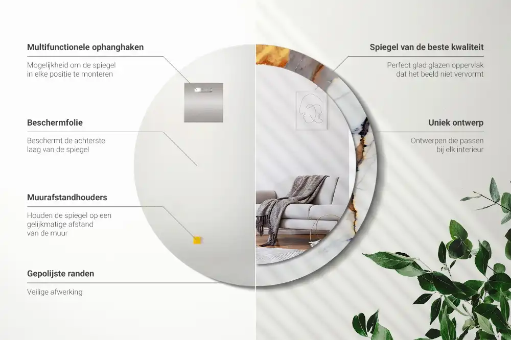 Round mirror frame with print White marble