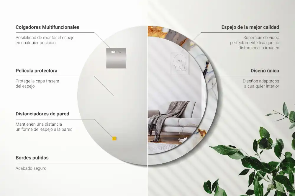 Round mirror frame with print White marble
