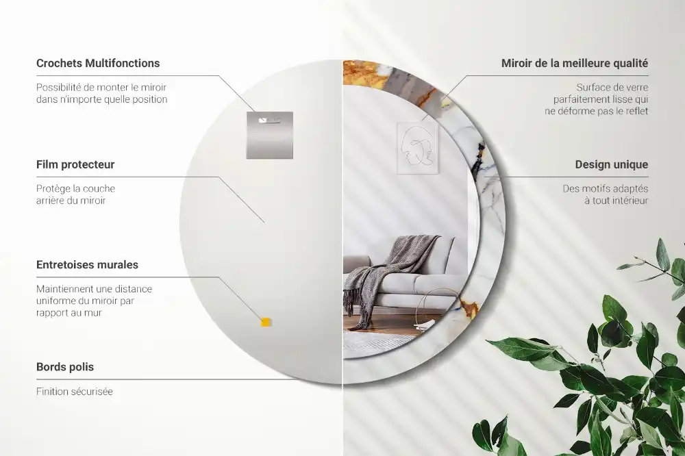 Round mirror frame with print White marble