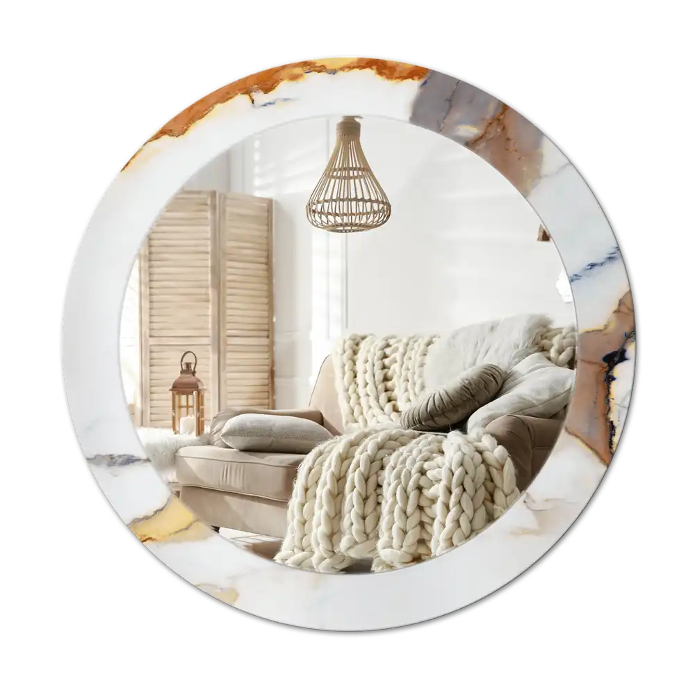 Round mirror frame with print White marble