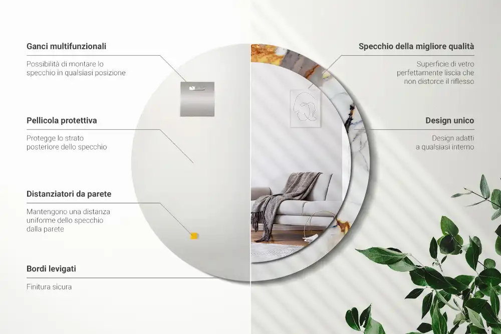 Round mirror frame with print White marble