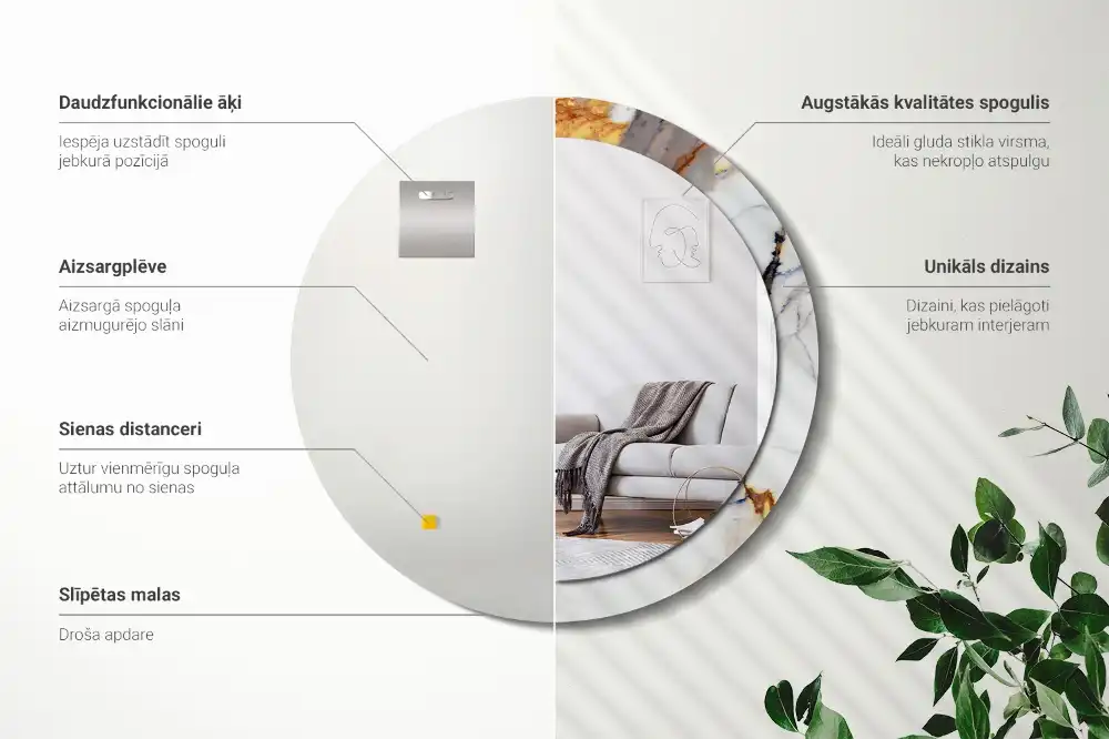 Round mirror frame with print White marble