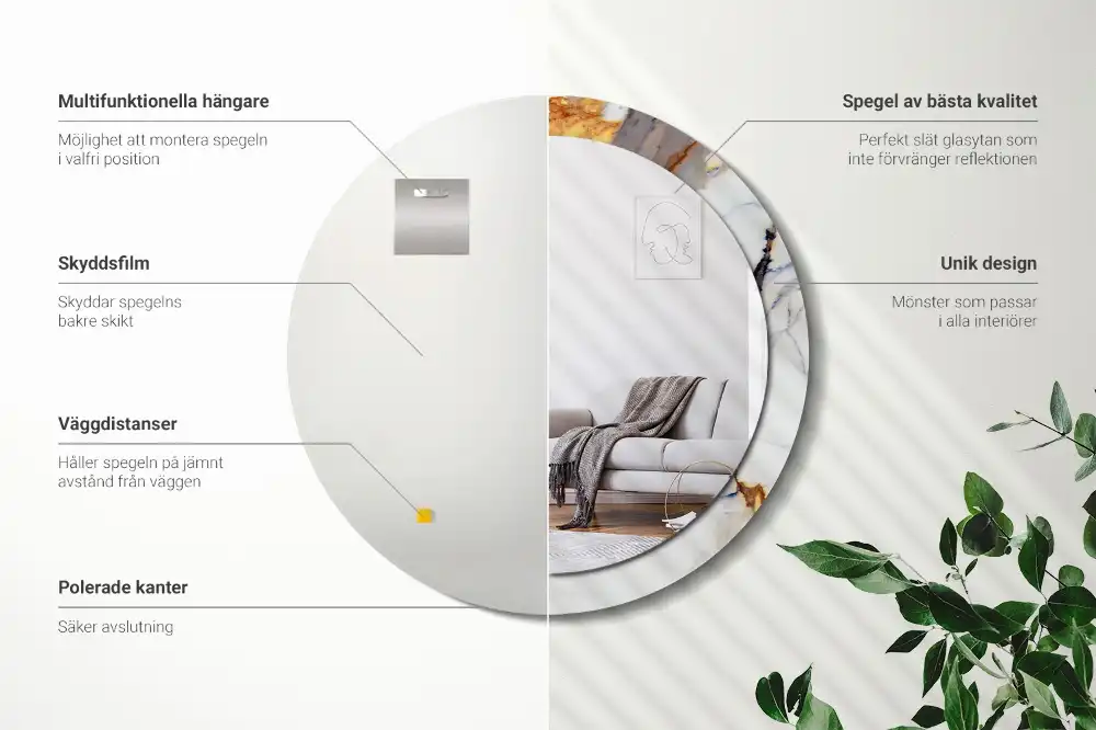 Round mirror frame with print White marble