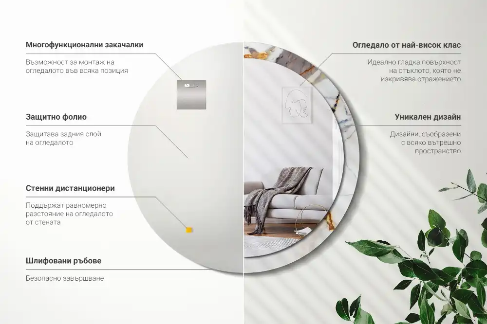 Round mirror frame with print White marble