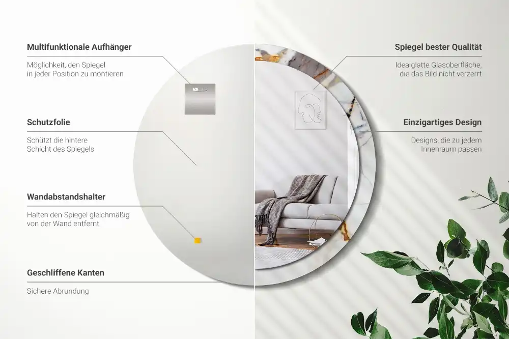 Round mirror frame with print White marble