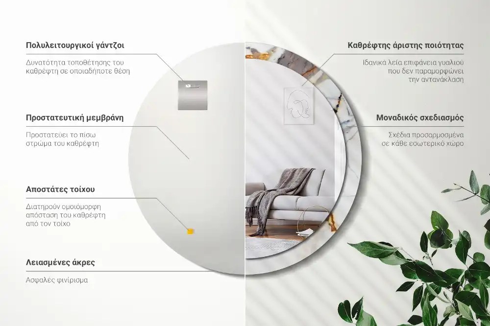 Round mirror frame with print White marble