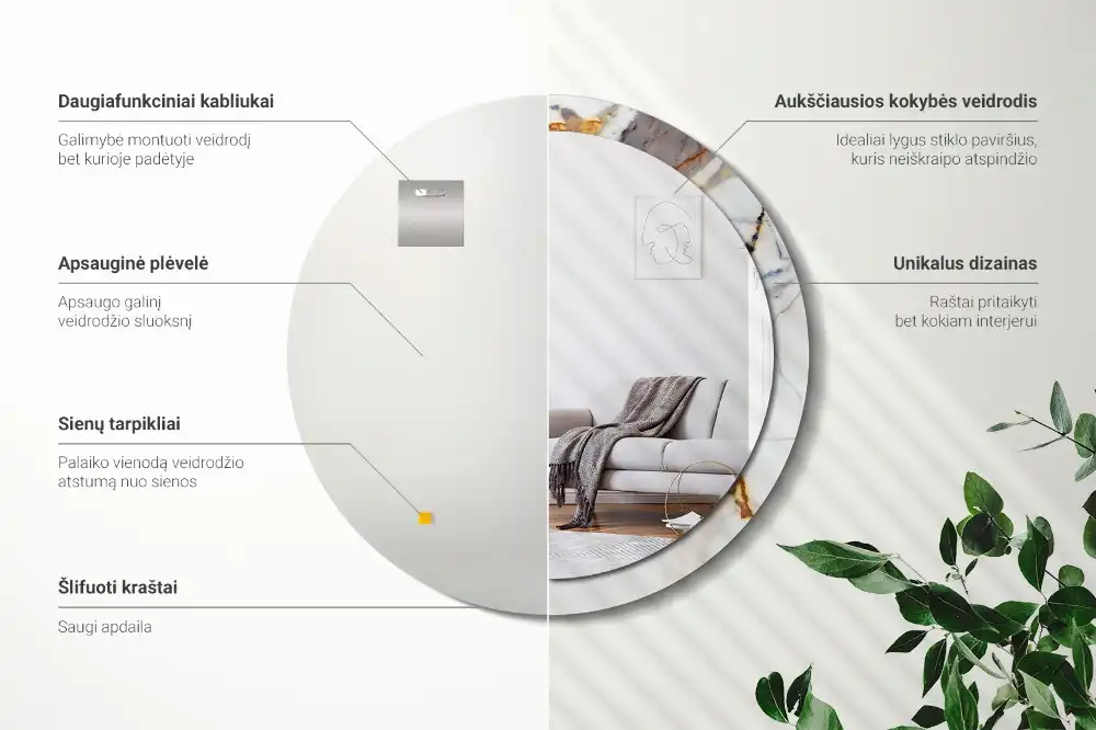 Round mirror frame with print White marble