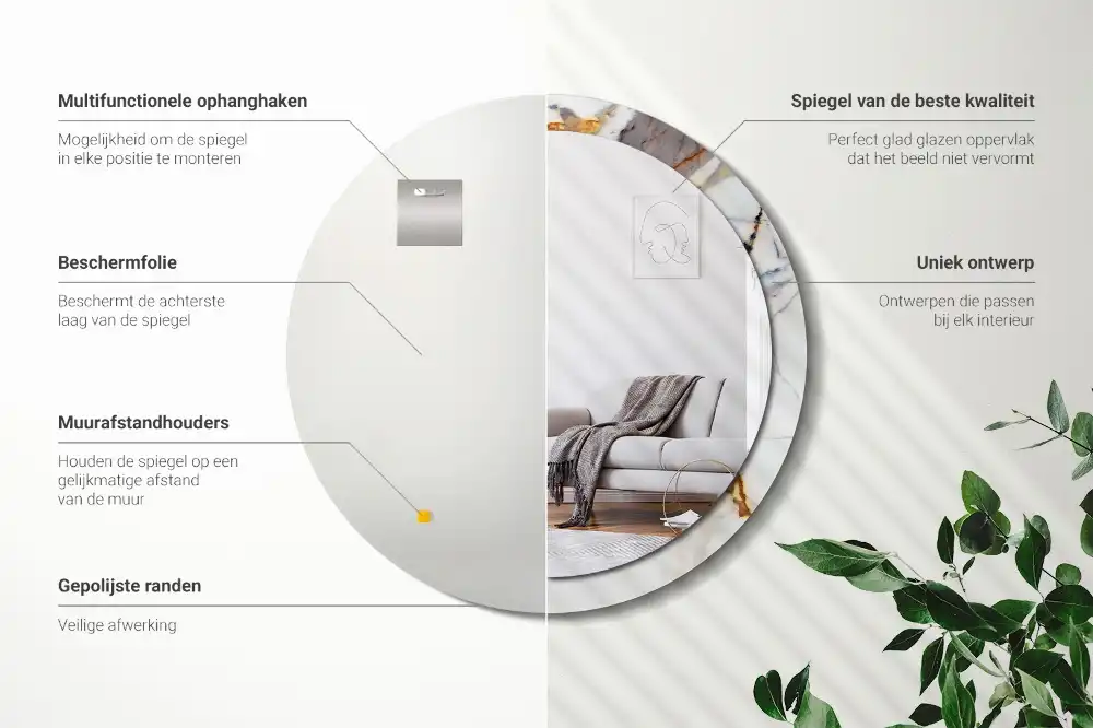 Round mirror frame with print White marble