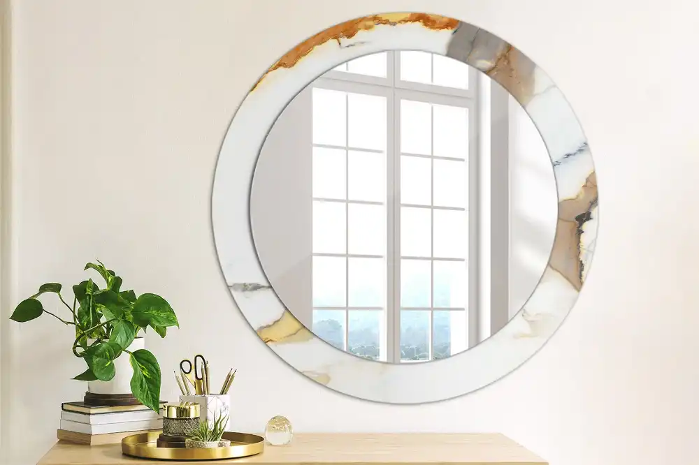 Round mirror frame with print White marble