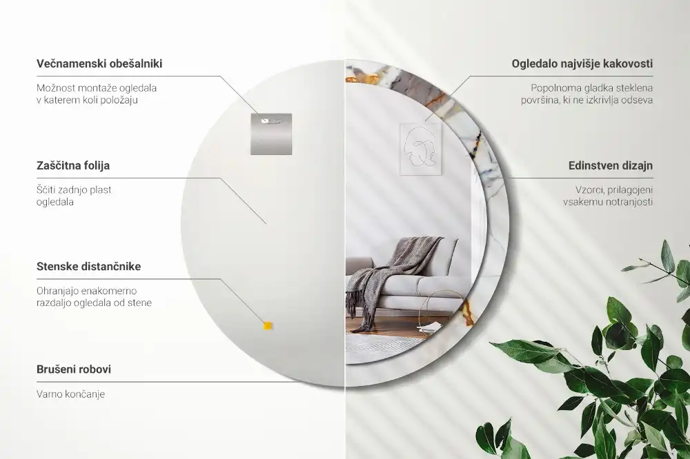 Round mirror frame with print White marble