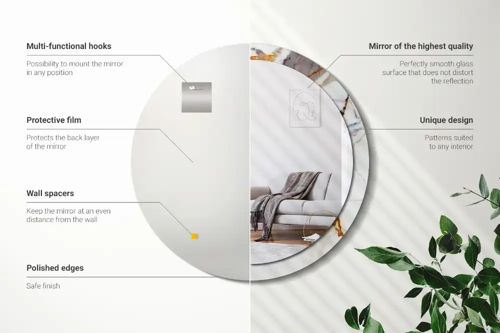 Round mirror frame with print White marble