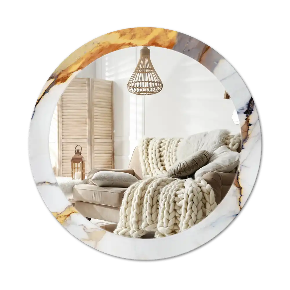 Round mirror frame with print White marble
