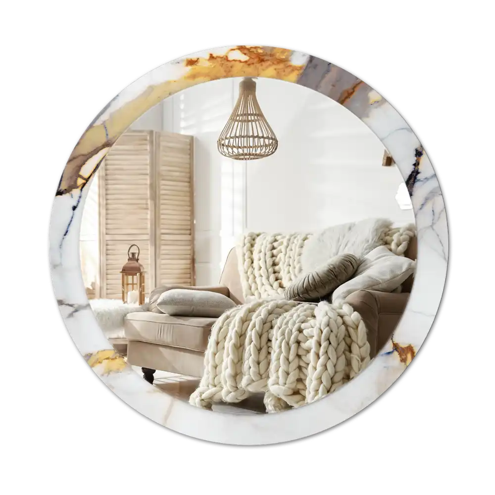 Round mirror frame with print White marble