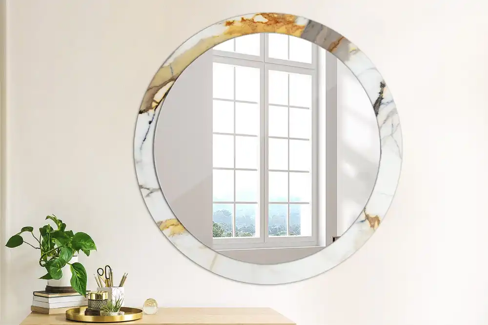 Round mirror frame with print White marble