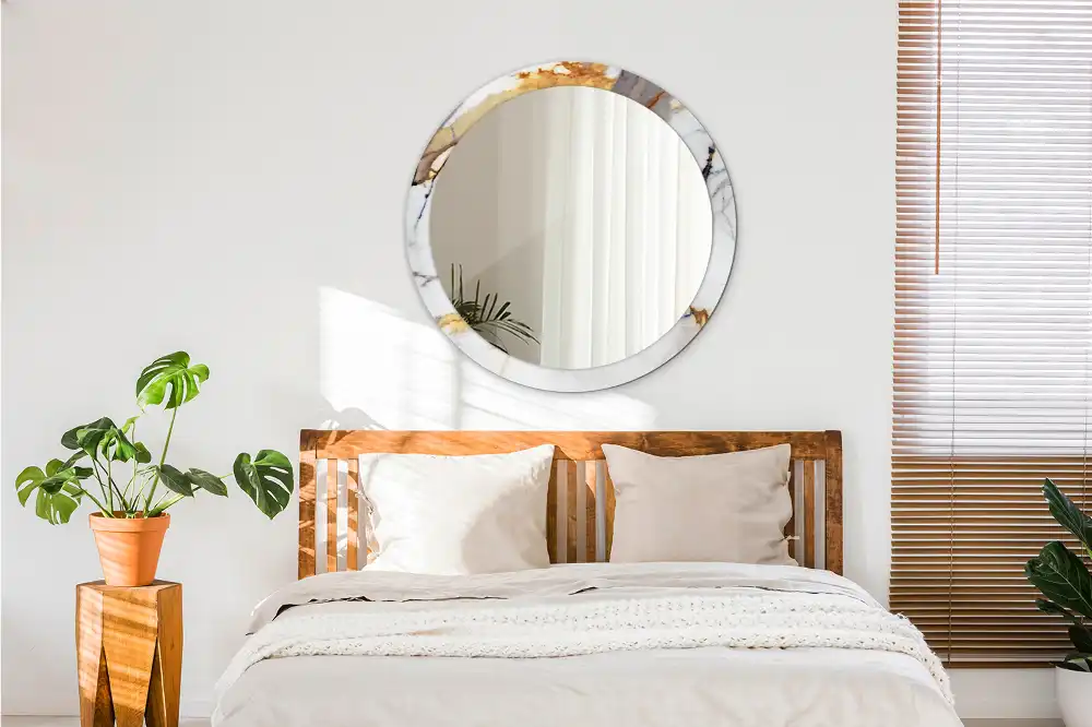 Round mirror frame with print White marble