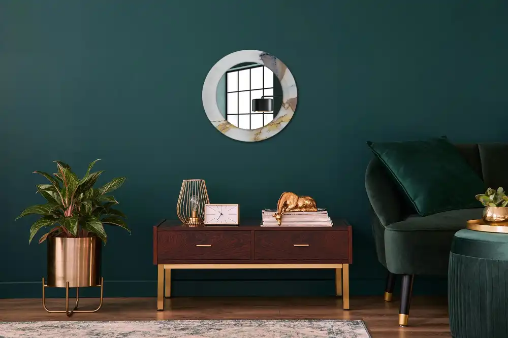 Round mirror frame with print White marble