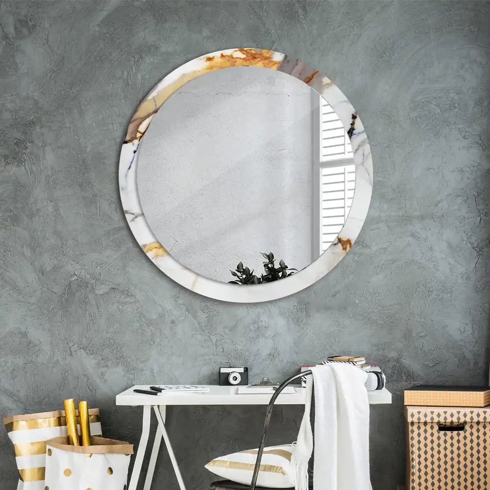 Round mirror frame with print White marble