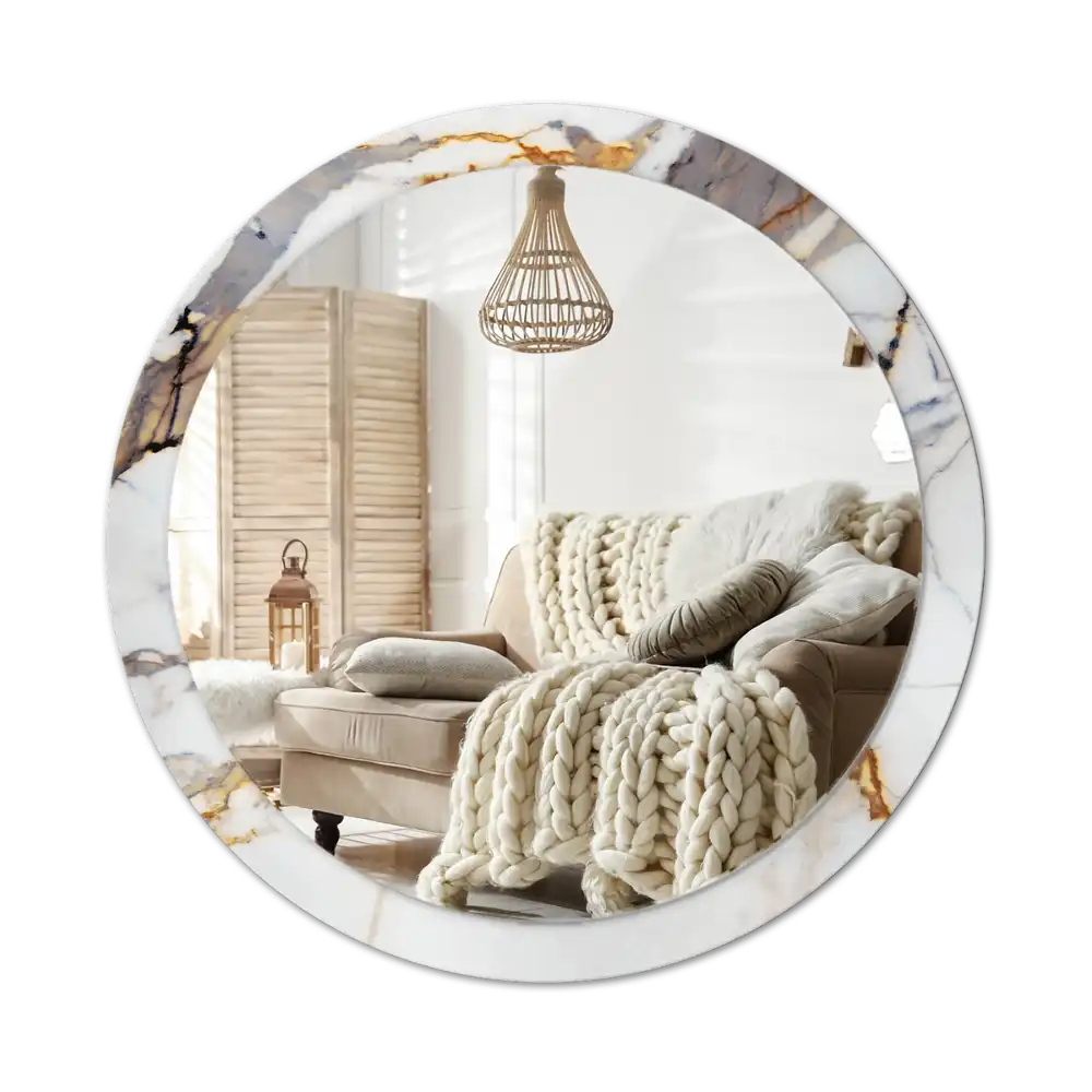 Round mirror frame with print White marble