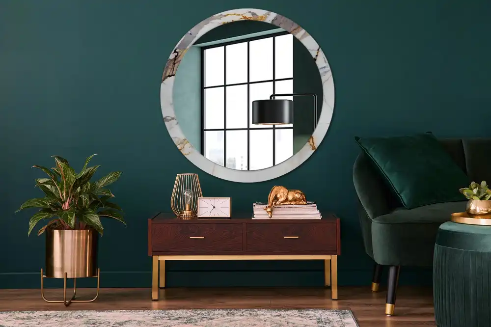 Round mirror frame with print White marble