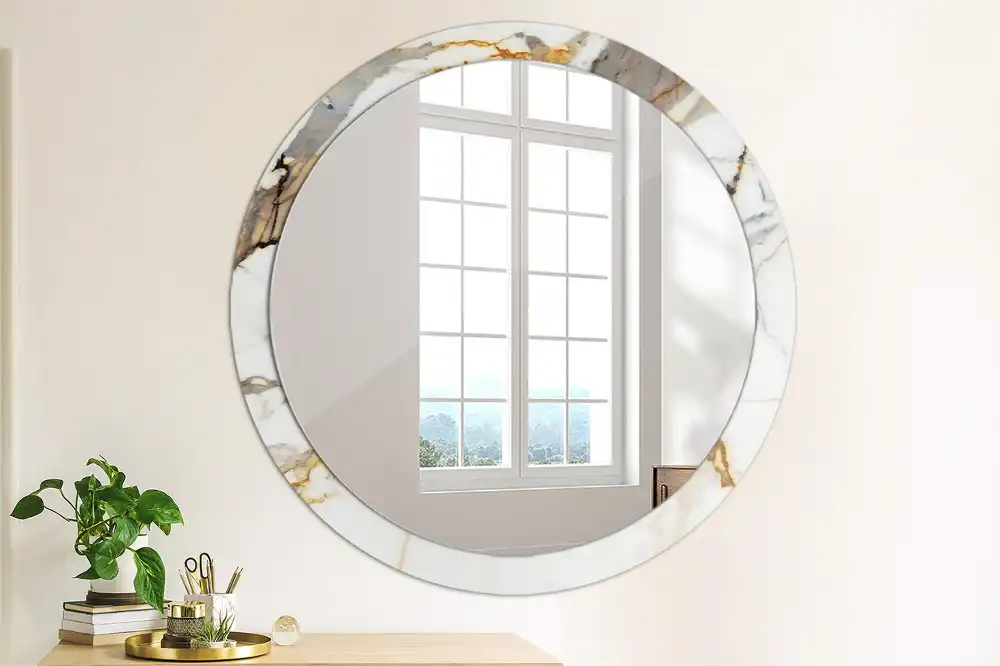 Round mirror frame with print White marble