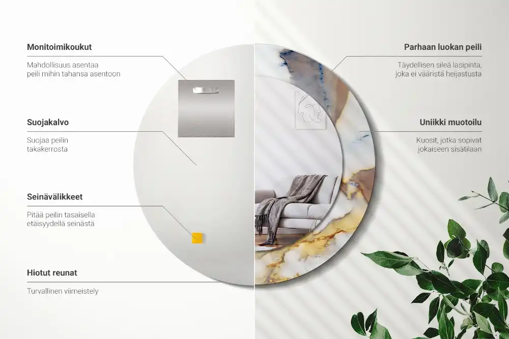 Round mirror frame with print White marble