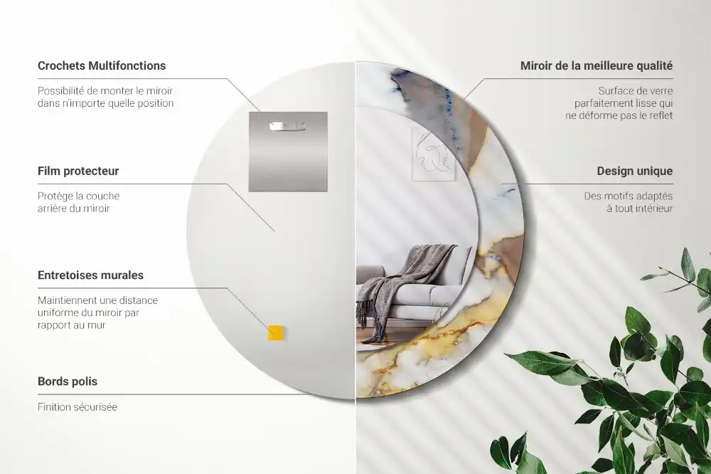 Round mirror frame with print White marble
