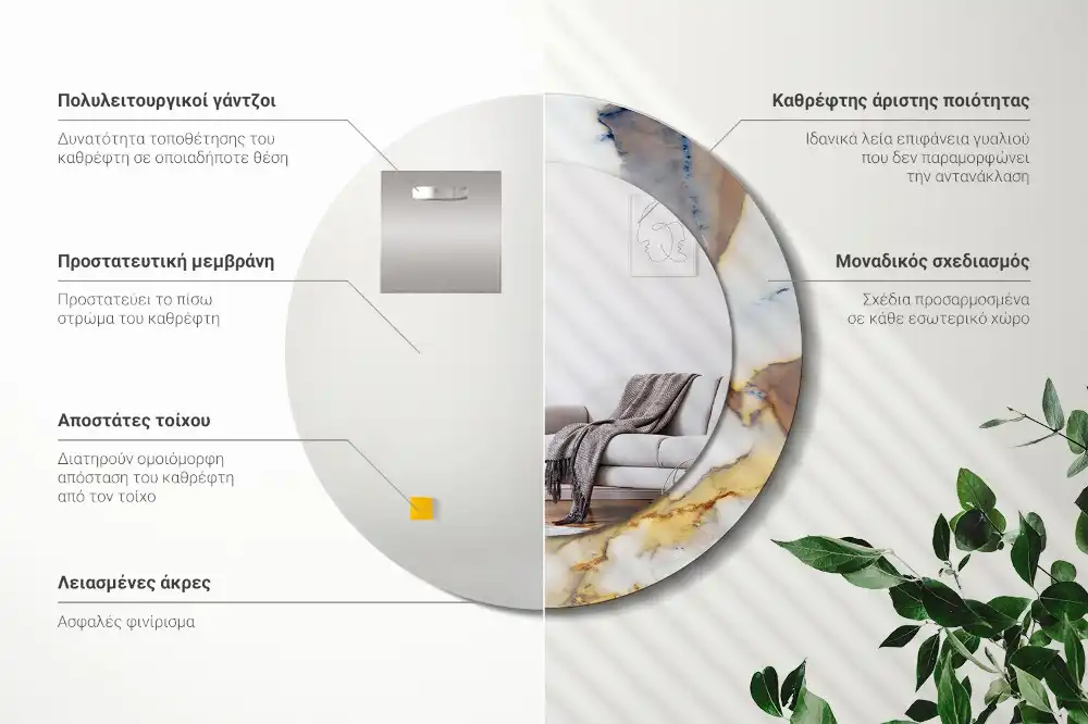 Round mirror frame with print White marble