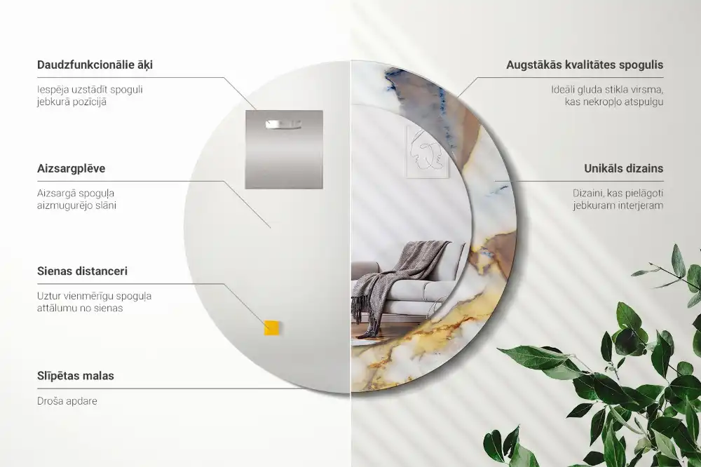 Round mirror frame with print White marble