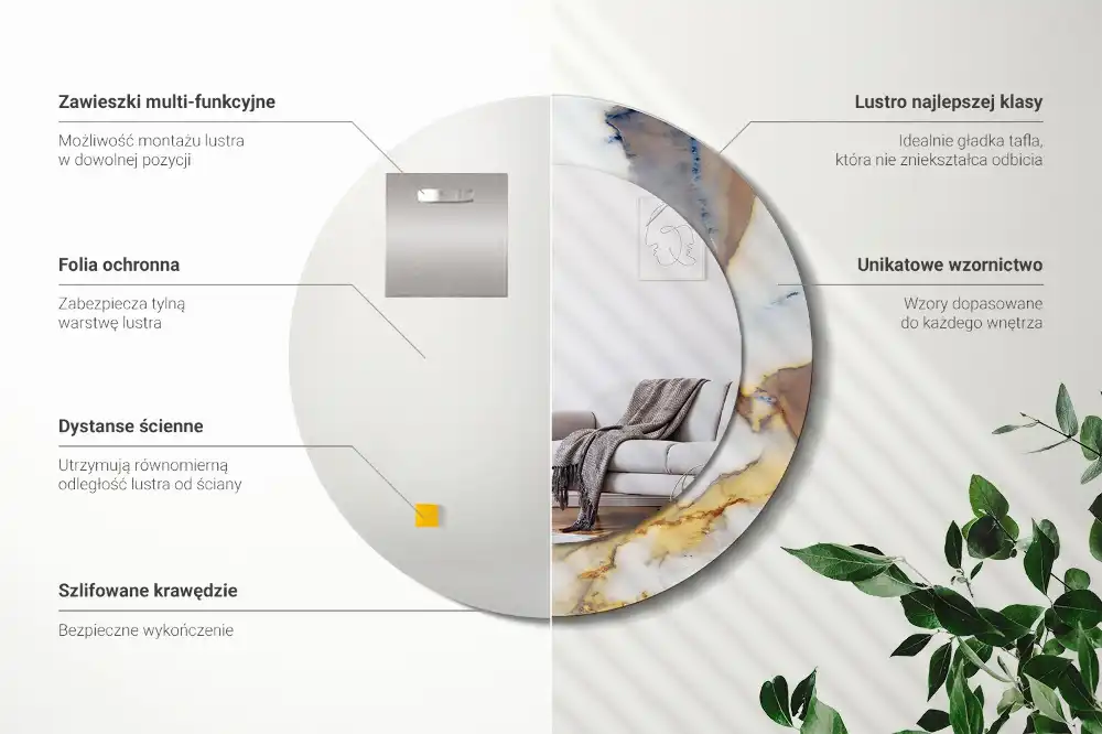 Round mirror frame with print White marble