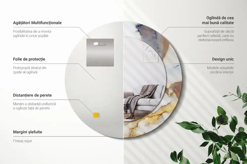 Round mirror frame with print White marble