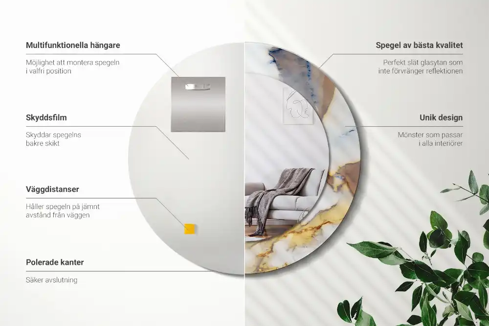 Round mirror frame with print White marble