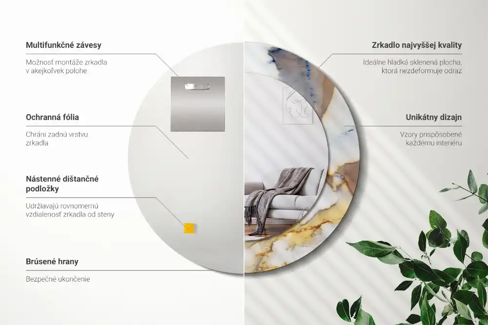 Round mirror frame with print White marble