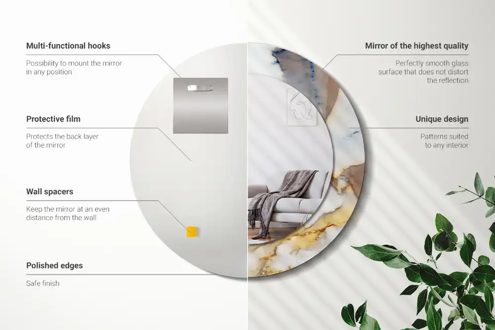 Round mirror frame with print White marble