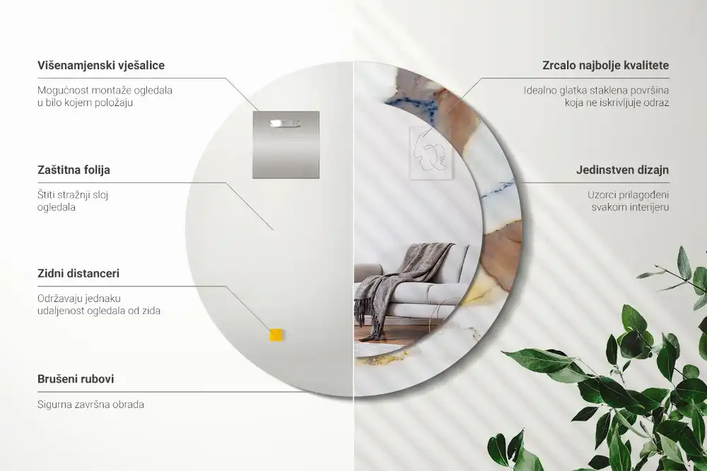 Round mirror frame with print White marble