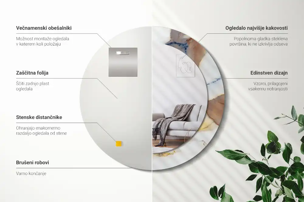 Round mirror frame with print White marble