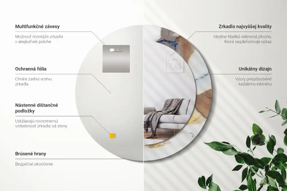 Round mirror frame with print White marble