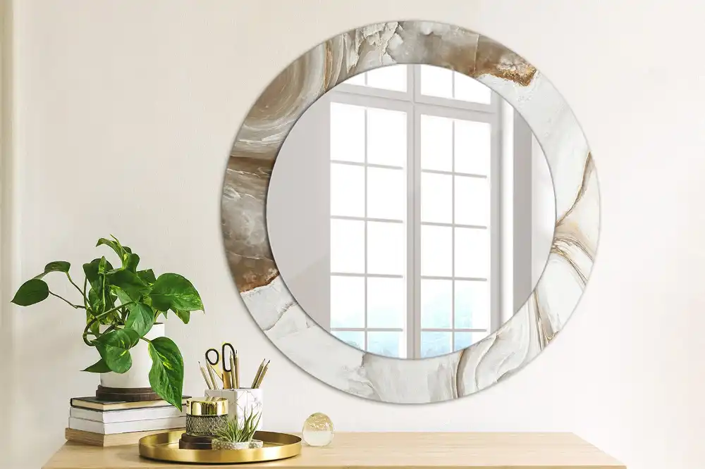 Round mirror frame with print Light marble