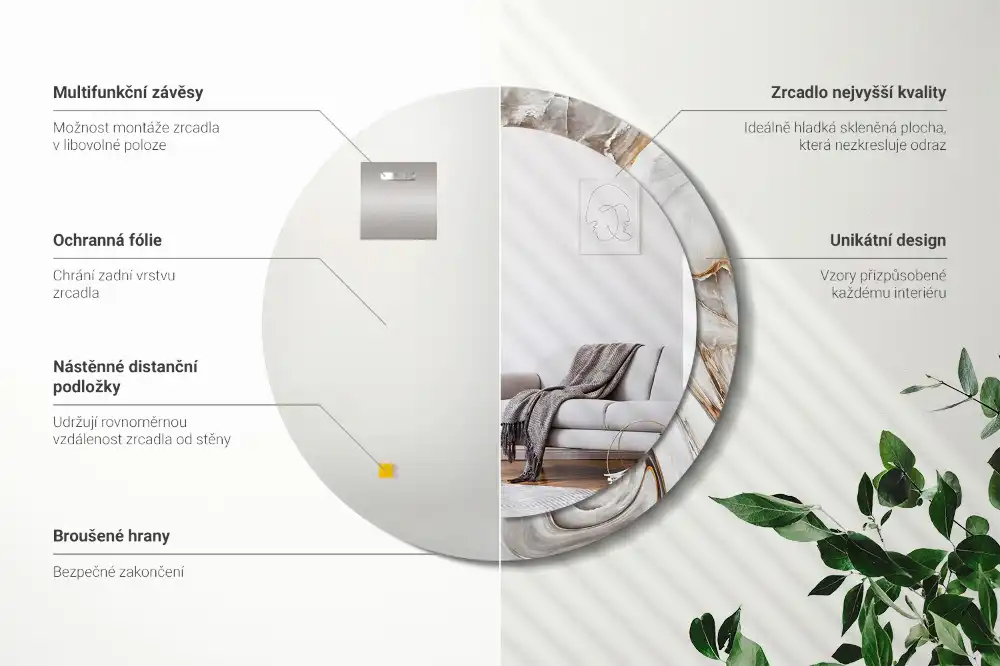 Round mirror frame with print Light marble