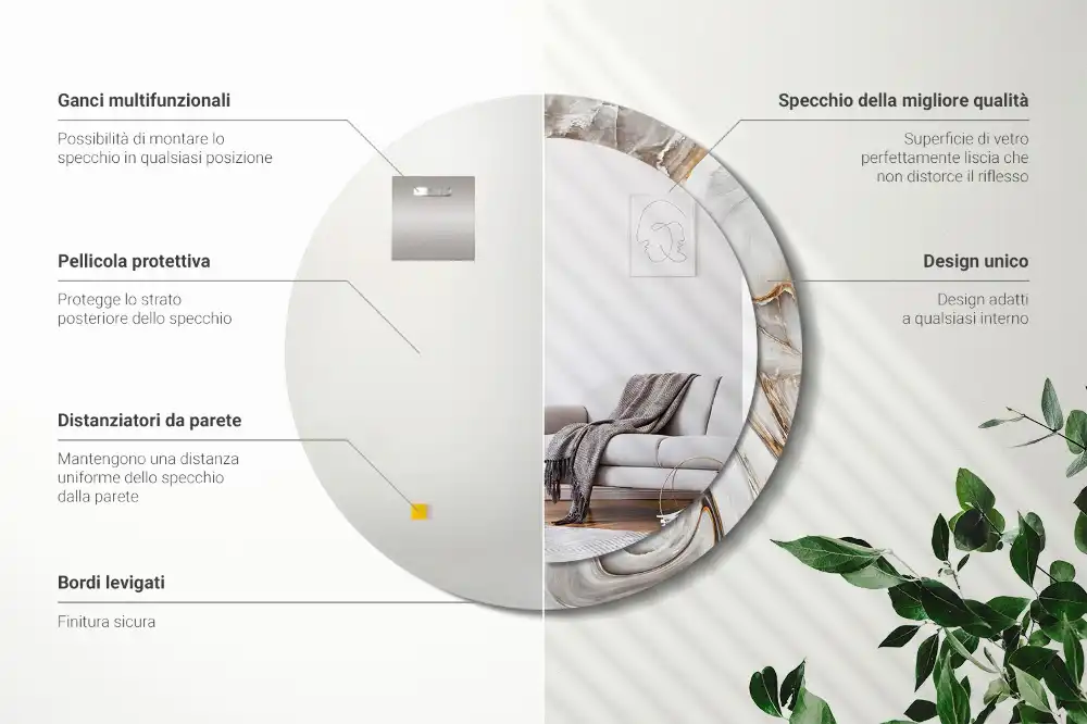 Round mirror frame with print Light marble