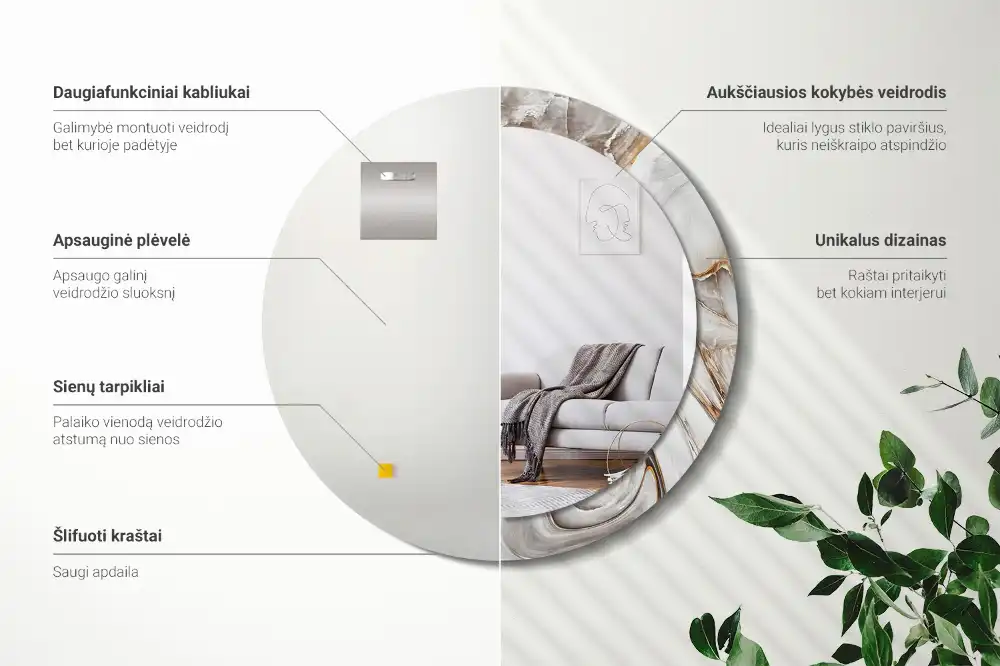 Round mirror frame with print Light marble